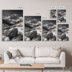 Snowy Alpine Scene, Winter Mountainscape, Nature Photography, Framed Canvas Print, Lodge Wall Art, Cabin Decor, Black and White Art