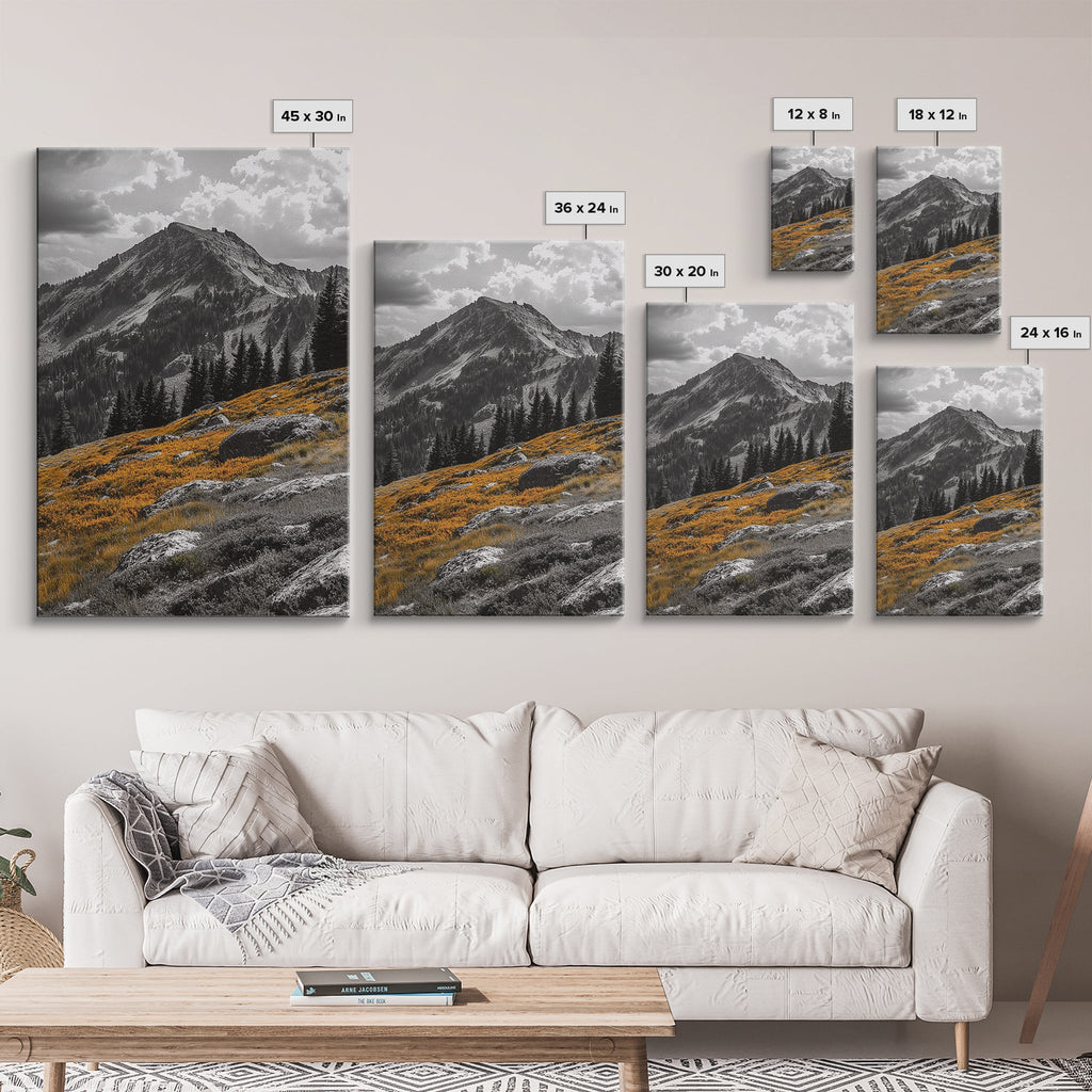 Mountain Peak, Alpine Landscape, Autumn Meadow, Framed Canvas Print, Fall Wall Art, Rustic Cabin Decor, Nature Photography, Living Room