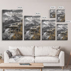 Mountain Escape, Cabin Retreat, Black White Landscape, Framed Canvas Print, Rustic Cabin Art, Bedroom Wall Decor, Nature Lodge Decor