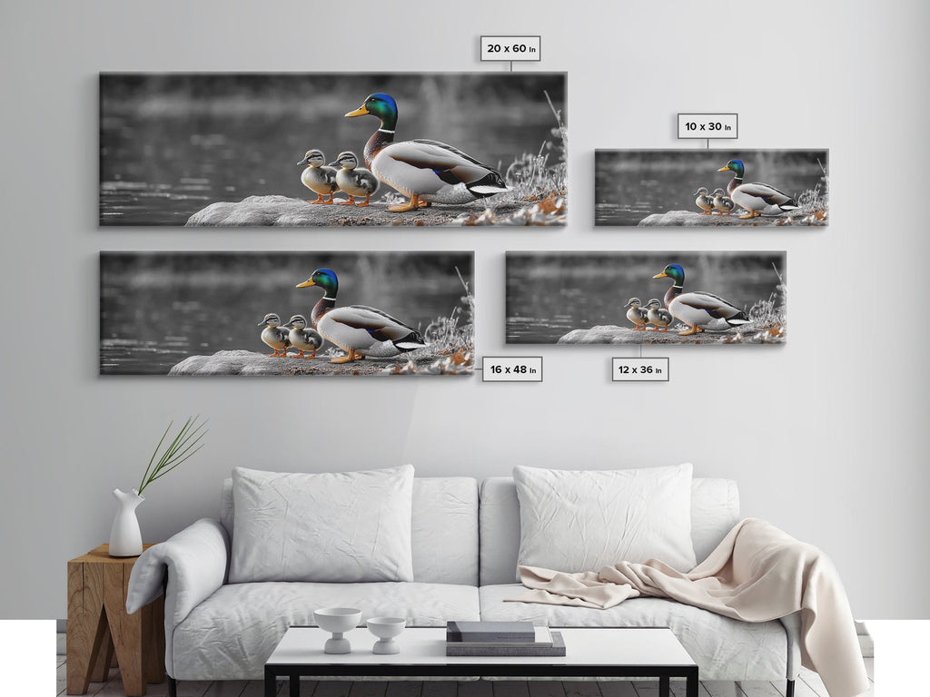 Duck Family, Nature Scene, Wildlife Birds, Lake Reflections, Framed Canvas Print, Nursery Decor, Cozy Art, Nature Lover Gift