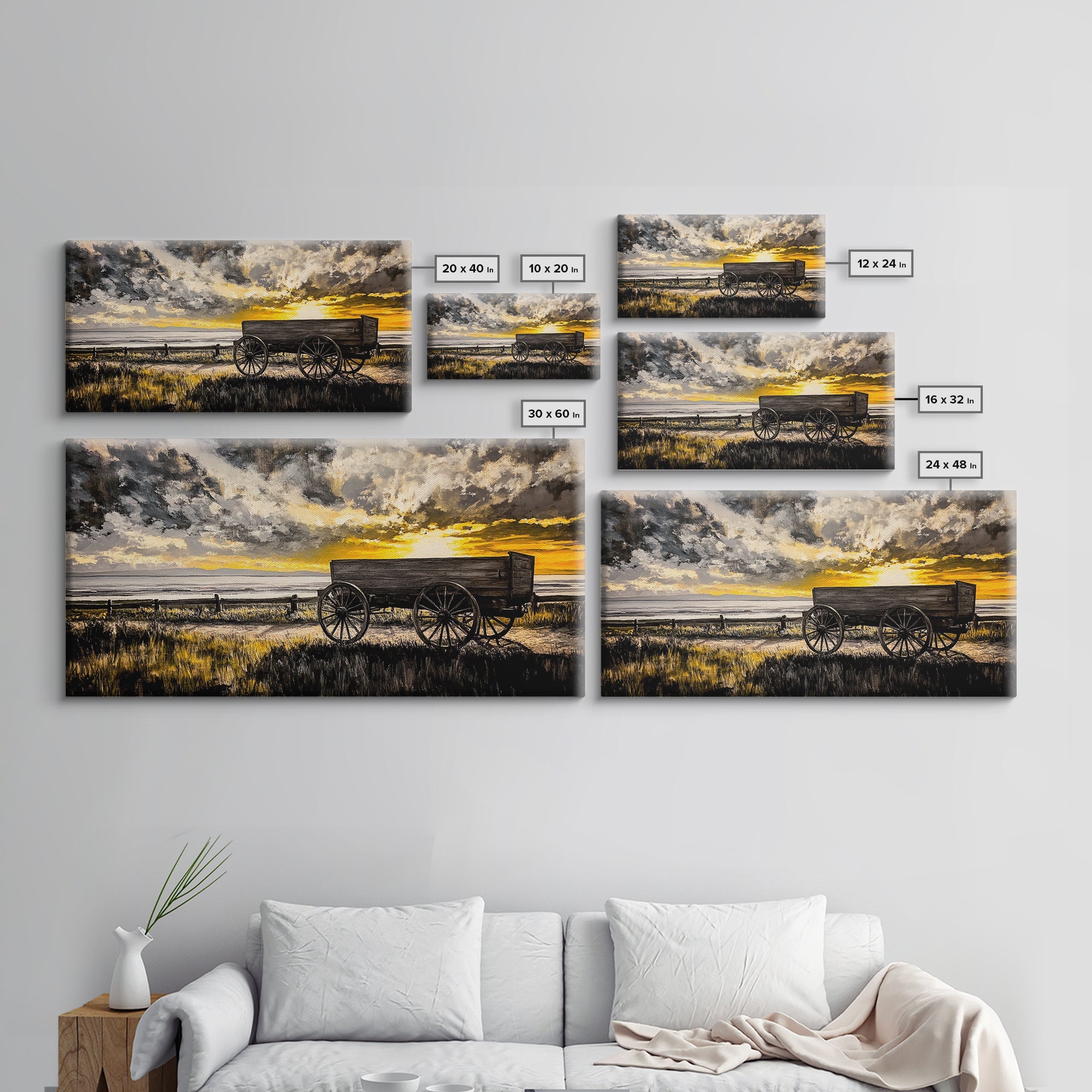 Wooden Wagon, barn landscape oil painting, rustic wall art, farmhouse art, vintage decor, extra wide art, framed canvas print, panoramic art