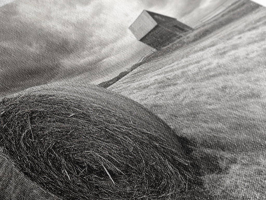 Barn Field, Hay Bale, Rural Farmland Scene, Autumn Countryside Art, Canvas Print, Farmhouse Wall Decor, Rustic Fall Living Room Art