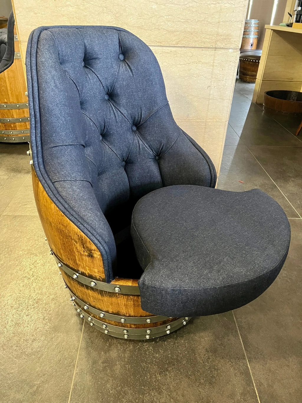 Luxury Captain Barrel Chair, Handmade Wine and Whiskey Barrel Chair, Hidden Storage, Memory Foam Upholstery, Movable On Casters