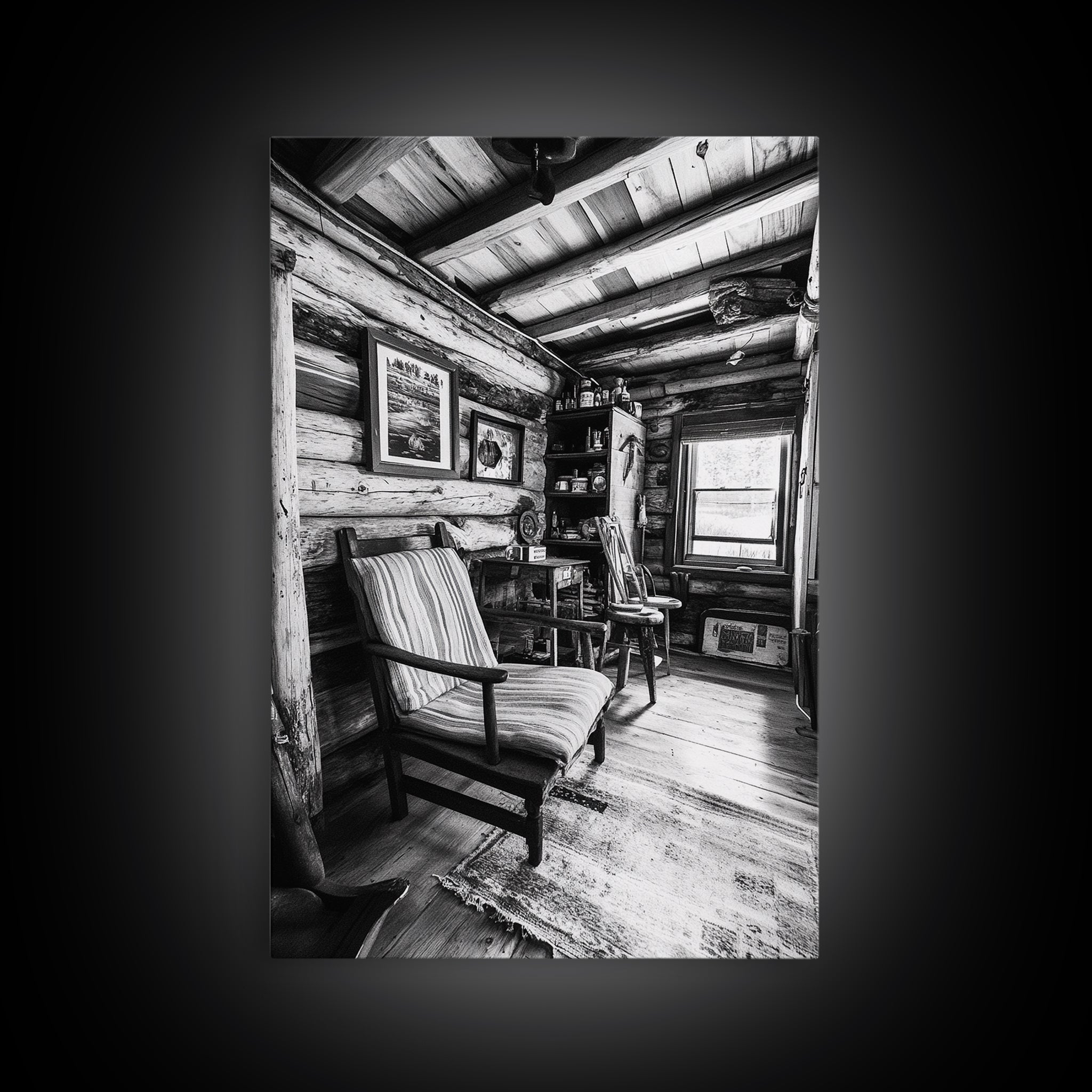 Cabin Interior View, Rustic Living Space, Cozy Homestead Scene, Framed Canvas Print, Farmhouse Wall Art, Country Cottage Decor