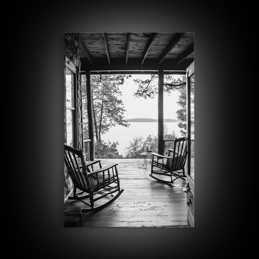 Rustic Porch View, Cabin Serenity, Lakefront Rocking Chairs, Framed Canvas Print, Farmhouse Wall Art, Living Room Decor, Fall Home Style