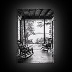 Rustic Porch View, Cabin Serenity, Lakefront Rocking Chairs, Framed Canvas Print, Farmhouse Wall Art, Living Room Decor, Fall Home Style