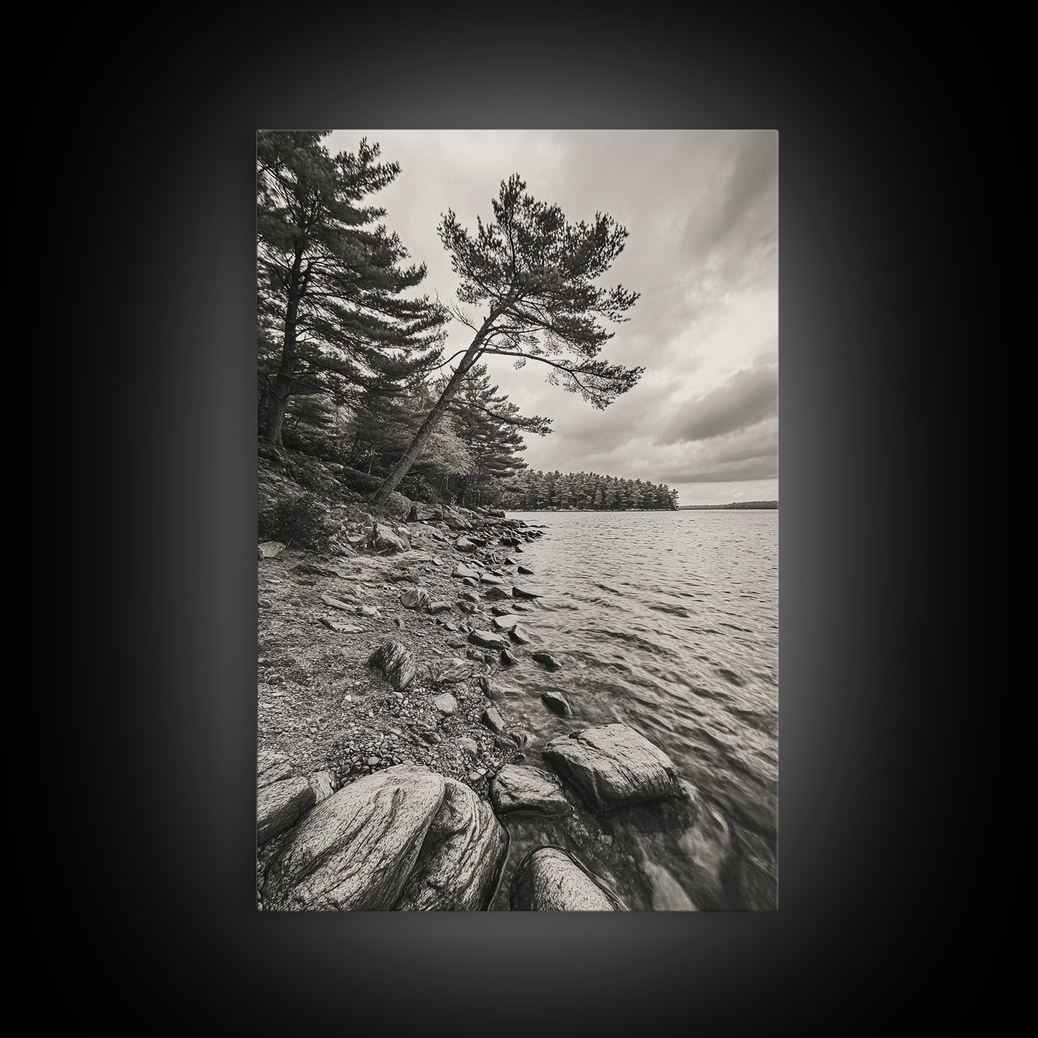 Pine Shoreline Landscape, Calm Water Trees, Autumn Mood, Canvas Print, Rustic Cabin Wall Art, Bedroom Nature Decor, Earthy Photography