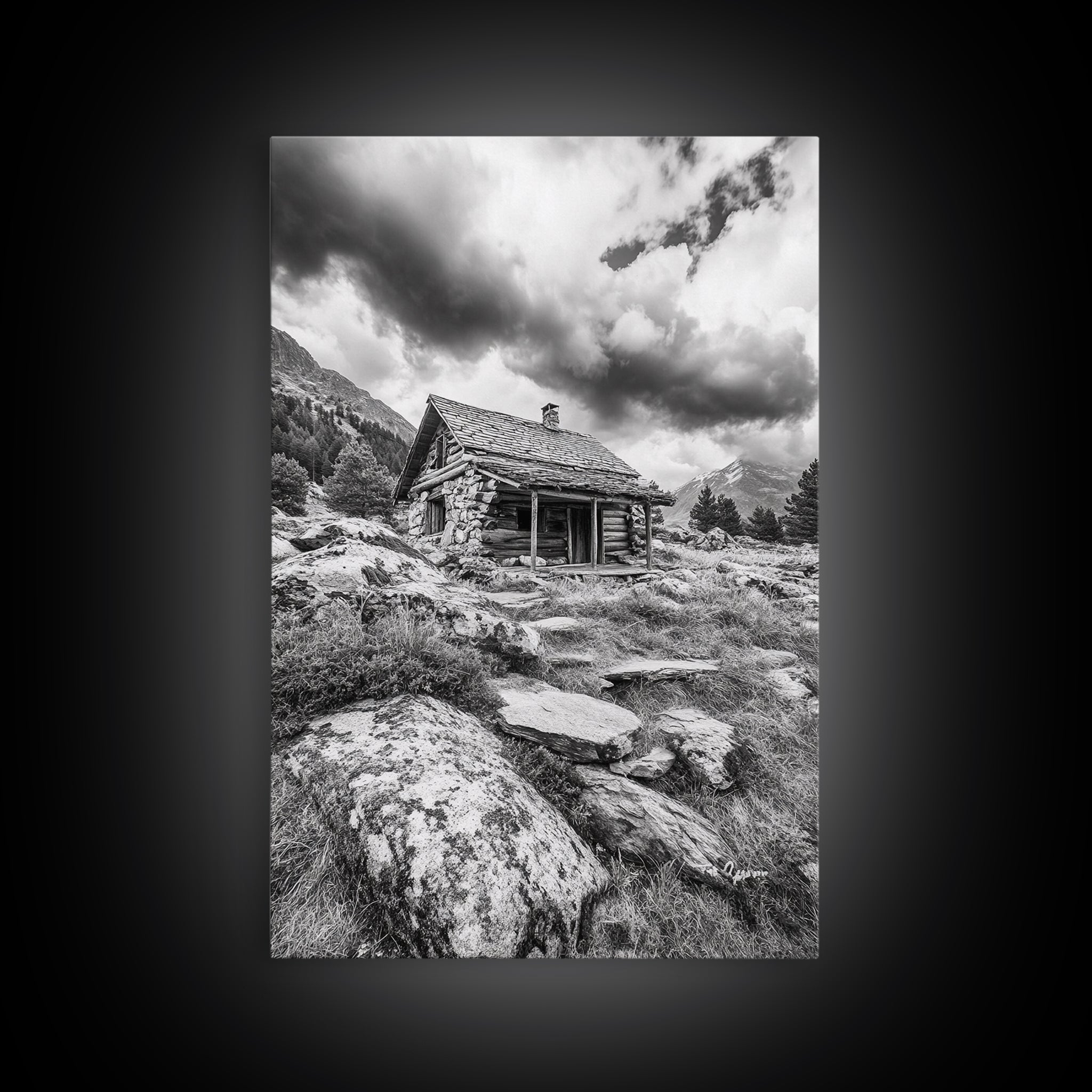 Rustic Cabin, Mountain Hideaway, Stormy Sky, Nature Lodge Decor, Framed Canvas Print, Autumn Vibes, Cozy Wall Art, Rustic Home Style