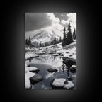 Snowy Mountain, Winter Landscape, Reflection Lake, Canvas Print, Black and White Nature Art, Cabin Wall Art, Adventure Photography