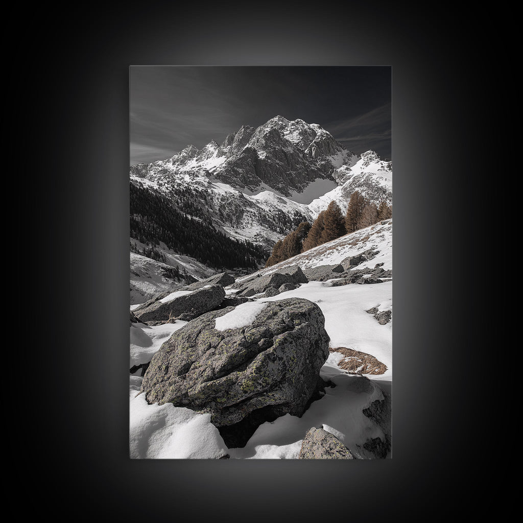 Snowy Alpine Scene, Winter Mountainscape, Nature Photography, Framed Canvas Print, Lodge Wall Art, Cabin Decor, Black and White Art