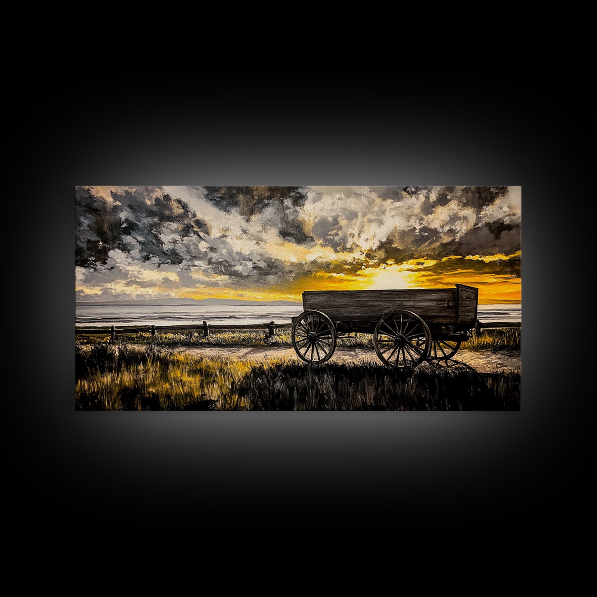 Wooden Wagon, barn landscape oil painting, rustic wall art, farmhouse art, vintage decor, extra wide art, framed canvas print, panoramic art