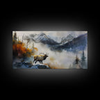 Majestic Elk in Misty Mountains, Framed Canvas Print, Perfect for Living Room Art, Rustic Bedroom Decor, Nature Wall Art, Wildlife Scene