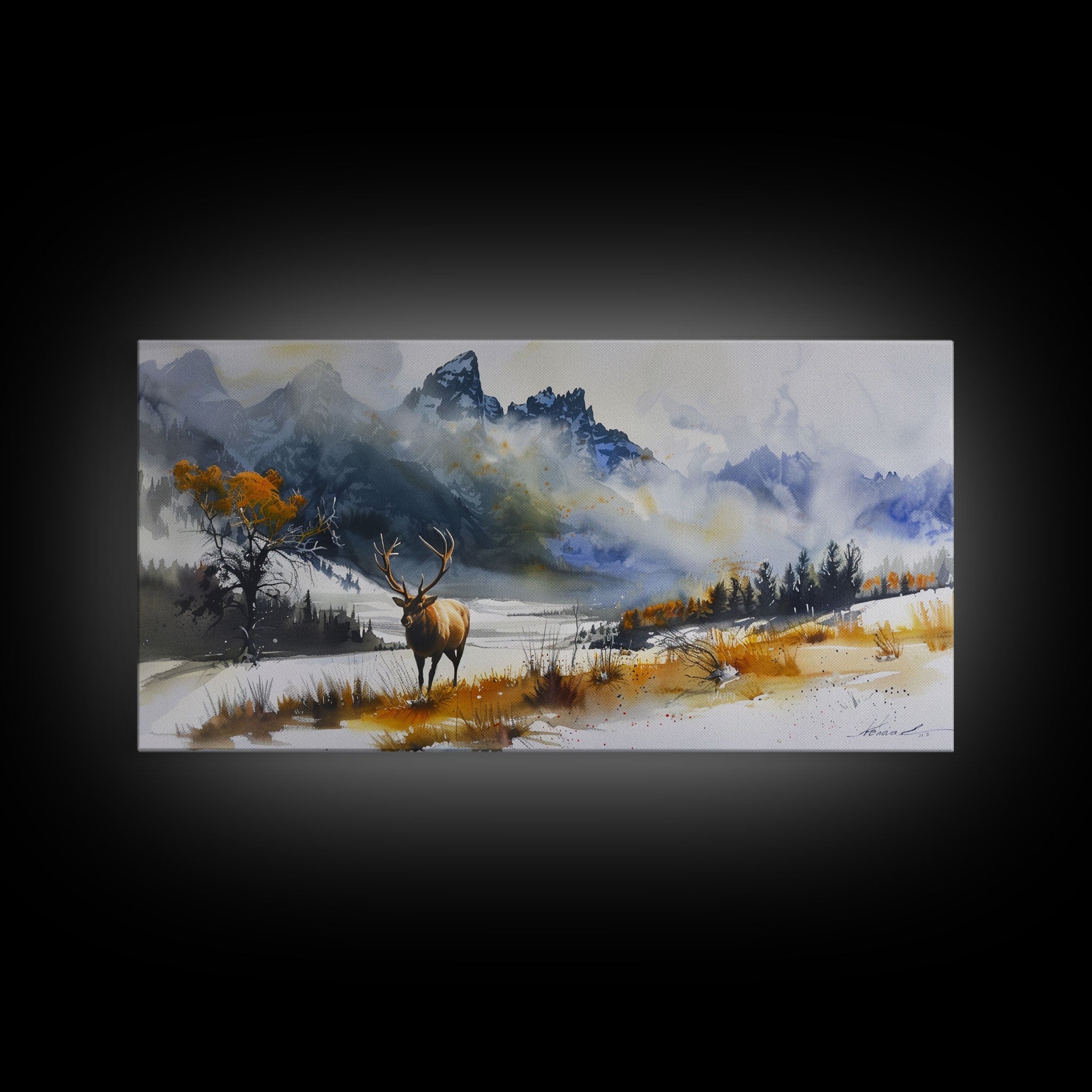 Majestic Elk in Snowy Mountain Scene, Beautiful Framed Canvas Print,for Living Room Art Rustic Bedroom Decor Nature Wall Art, Wildlife Scene