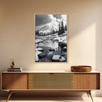 Snowy Mountain, Winter Landscape, Reflection Lake, Canvas Print, Black and White Nature Art, Cabin Wall Art, Adventure Photography