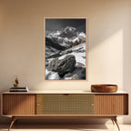 Snowy Alpine Scene, Winter Mountainscape, Nature Photography, Framed Canvas Print, Lodge Wall Art, Cabin Decor, Black and White Art