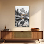 Snow Reflection Forest, Autumn Trees, Serene Mountain River, Framed Canvas Print, Bedroom Wall Art, Peaceful Cabin Scene, Fall Art