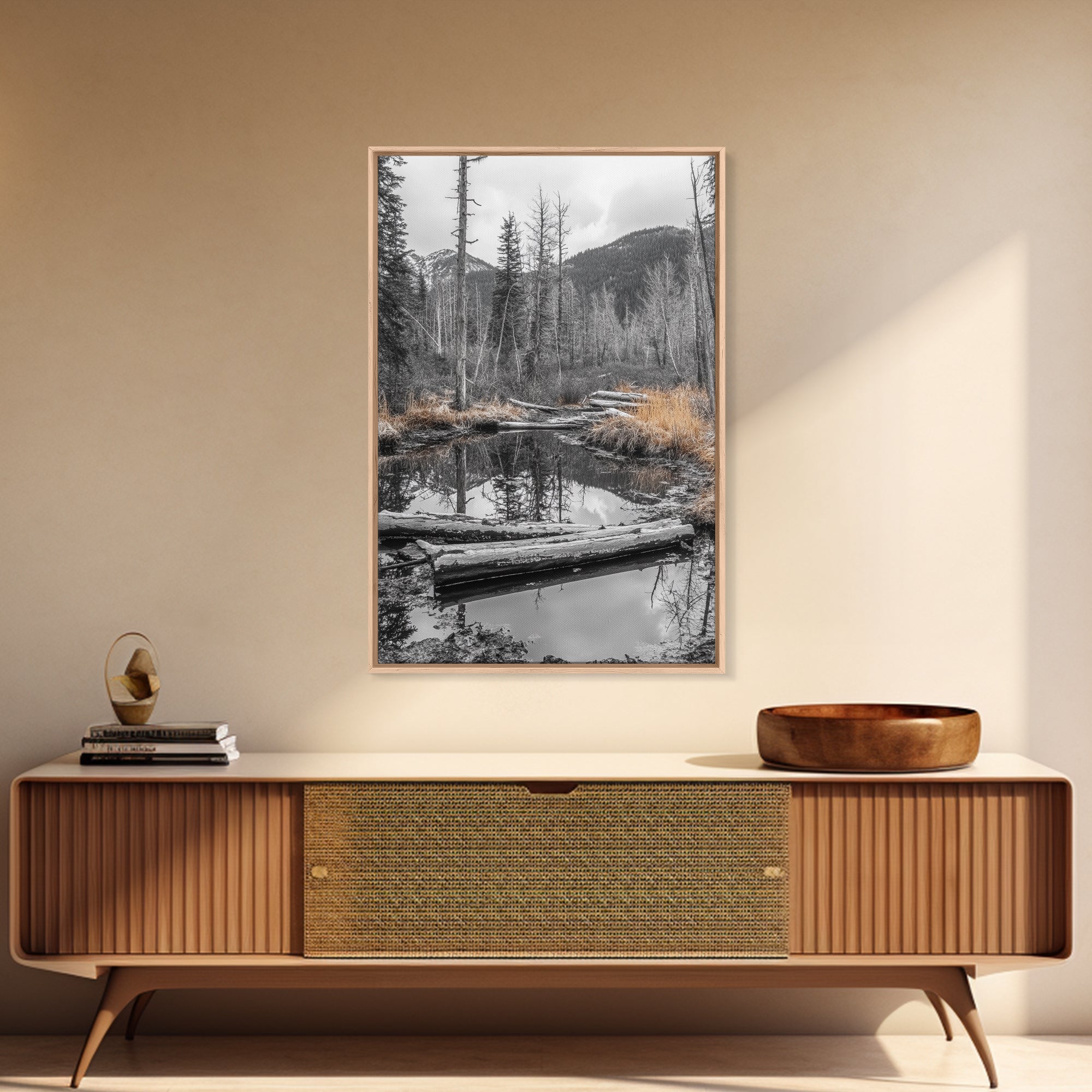 Forest Pond, Moody Woods, Black and White, Autumn Grass, Framed Canvas Print rustic cabin art, nature wall decor, woodland living room art