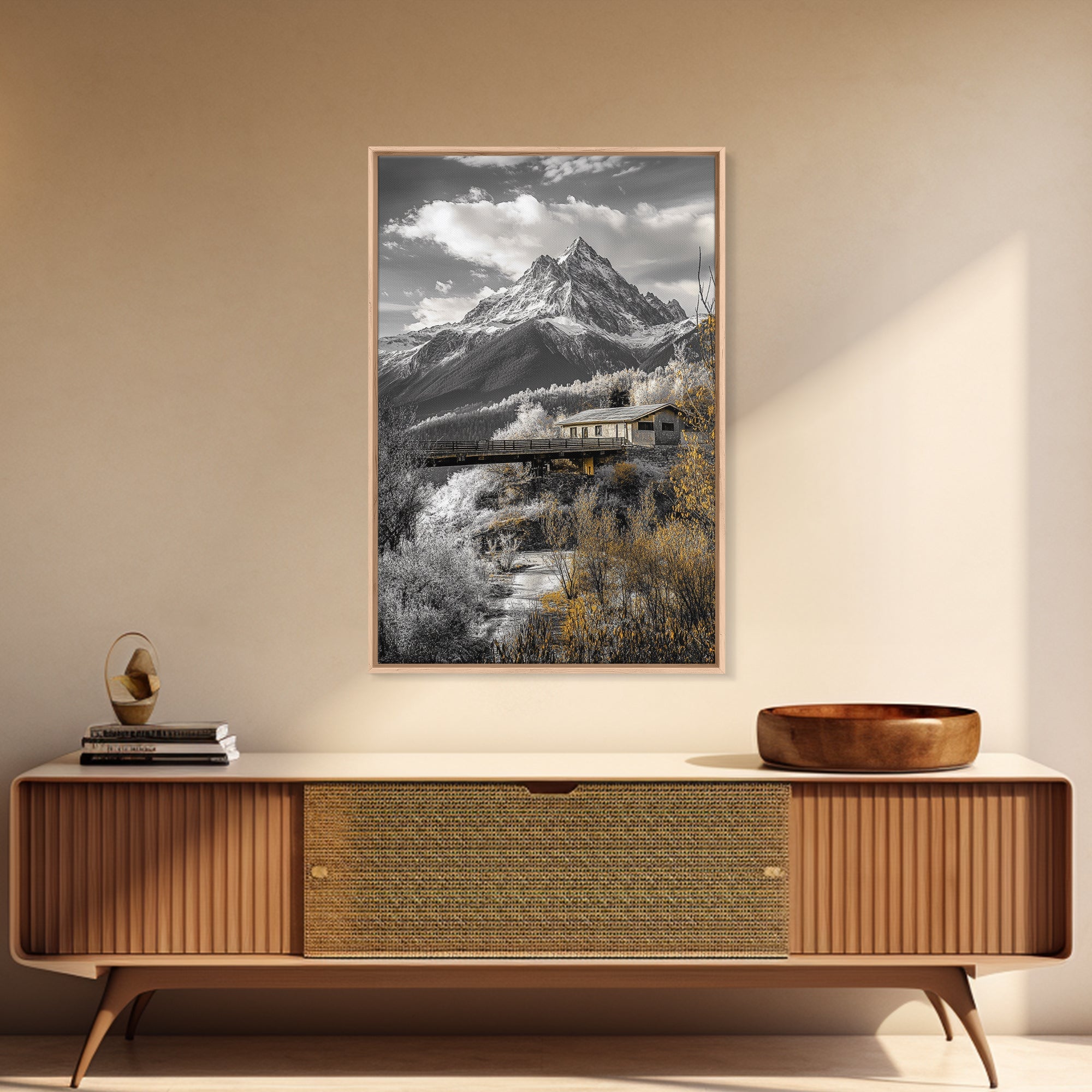 Mountain Escape, Cabin Retreat, Black White Landscape, Framed Canvas Print, Rustic Cabin Art, Bedroom Wall Decor, Nature Lodge Decor