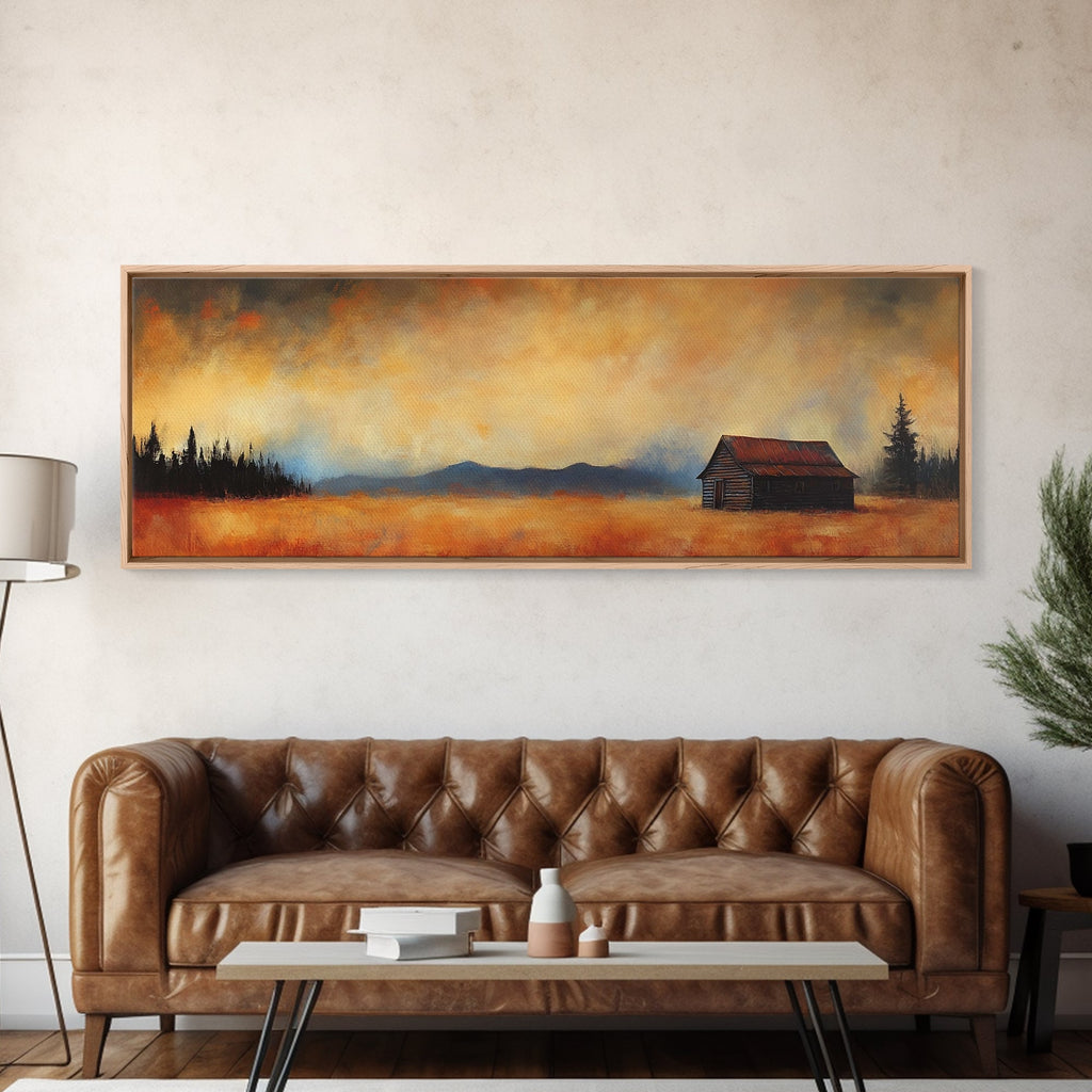 Rustic Wall Art, Framed Canvas Print, Barn Landscape Oil Painting, Moody Art, Extra Wide Art, Fall Decor, Living Room Art, Above Couch Art