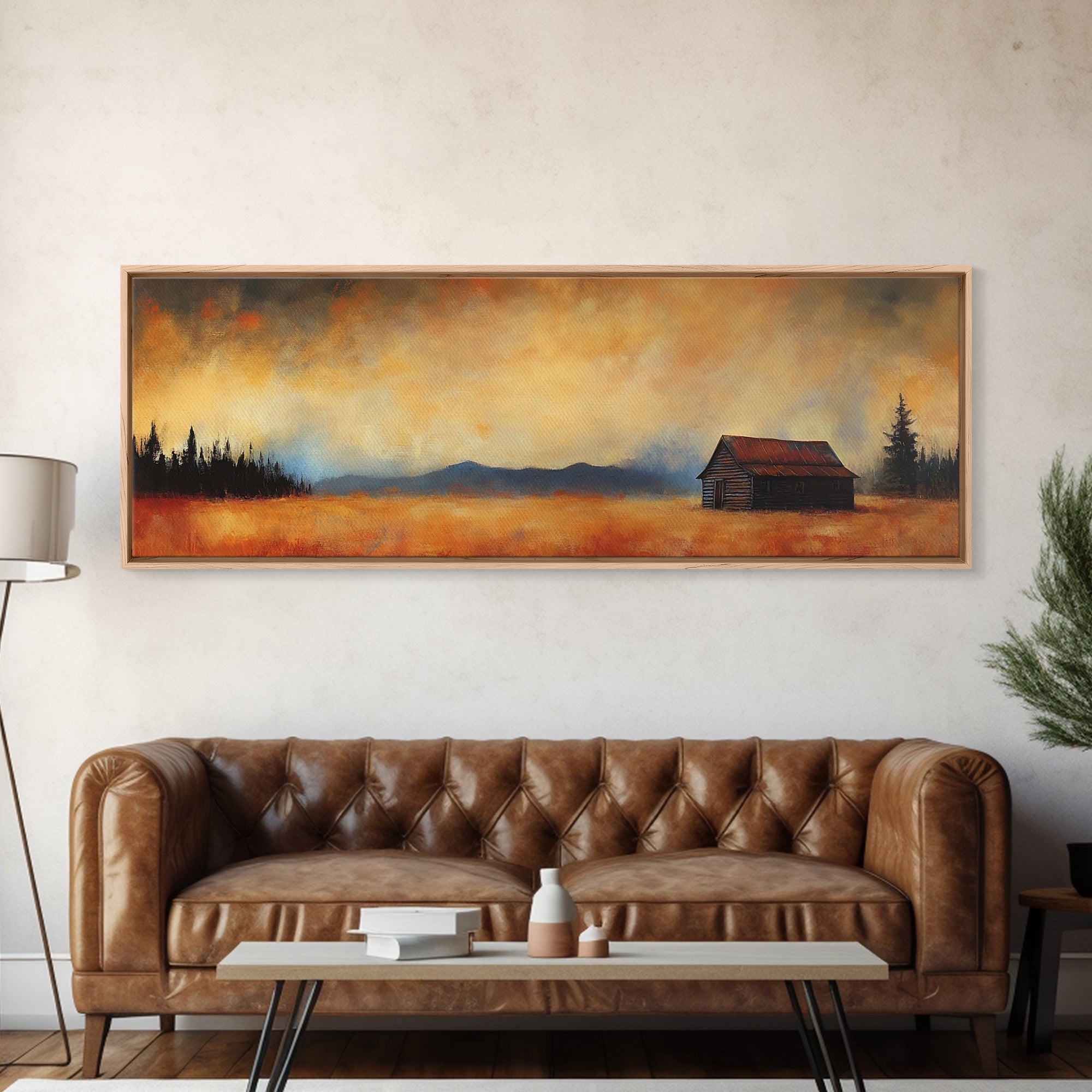 Rustic Wall Art, Framed Canvas Print, Barn Landscape Oil Painting, Moody Art, Extra Wide Art, Fall Decor, Living Room Art, Above Couch Art