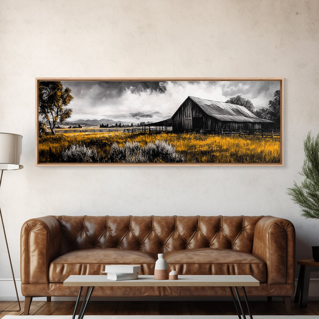 Western Ranch, barn landscape oil painting, rustic decor, farmhouse art, extra wide art, framed canvas print, above couch wall art