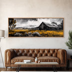 Western Ranch, barn landscape oil painting, rustic decor, farmhouse art, extra wide art, framed canvas print, above couch wall art