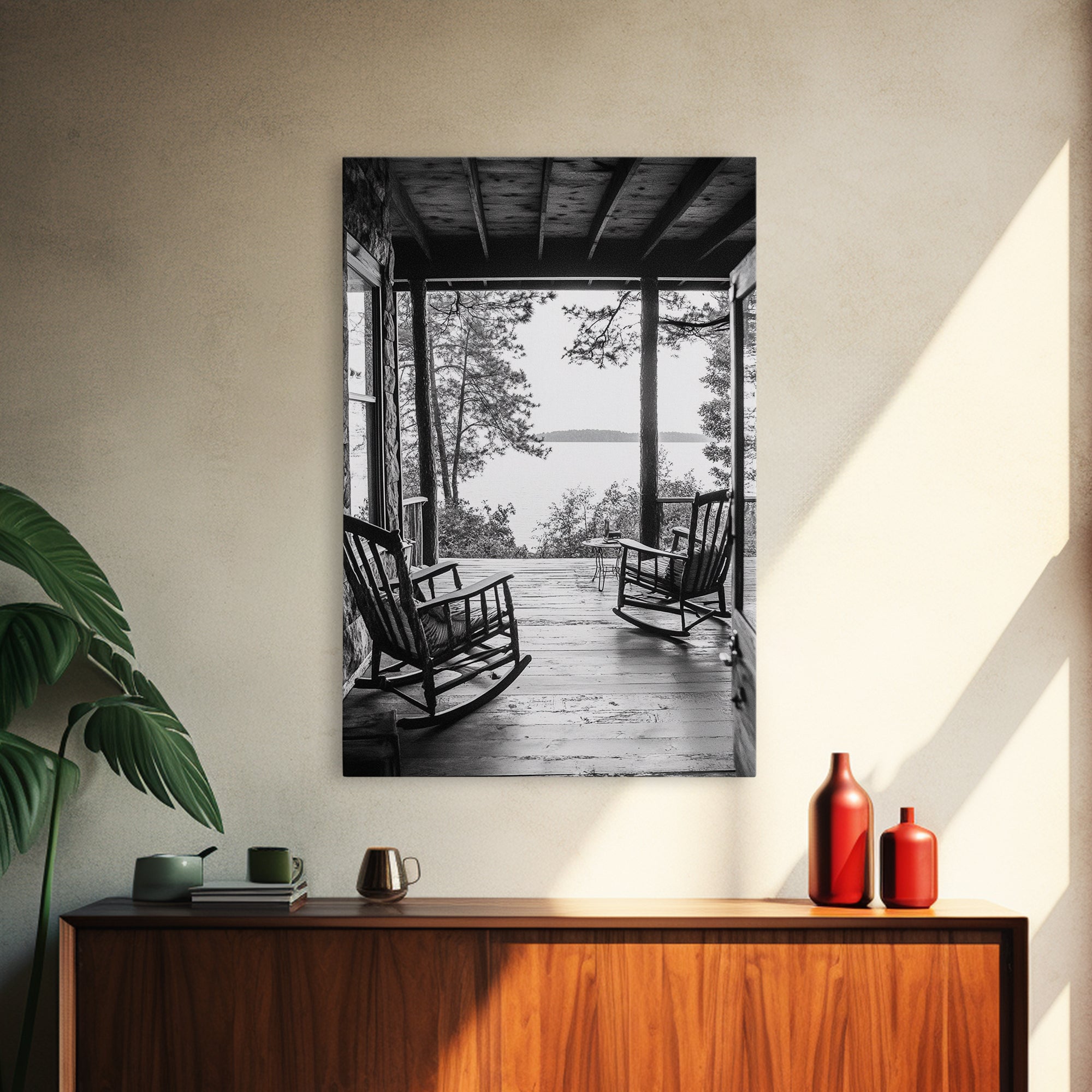 Rustic Porch View, Cabin Serenity, Lakefront Rocking Chairs, Framed Canvas Print, Farmhouse Wall Art, Living Room Decor, Fall Home Style