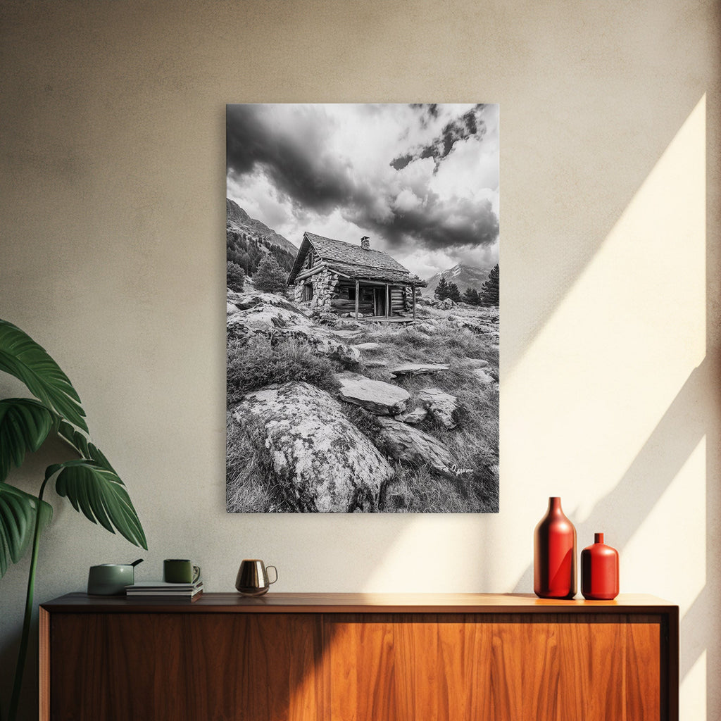 Rustic Cabin, Mountain Hideaway, Stormy Sky, Nature Lodge Decor, Framed Canvas Print, Autumn Vibes, Cozy Wall Art, Rustic Home Style