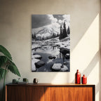 Snowy Mountain, Winter Landscape, Reflection Lake, Canvas Print, Black and White Nature Art, Cabin Wall Art, Adventure Photography