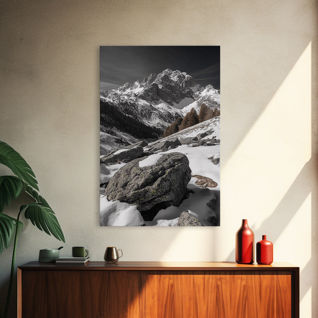 Snowy Alpine Scene, Winter Mountainscape, Nature Photography, Framed Canvas Print, Lodge Wall Art, Cabin Decor, Black and White Art