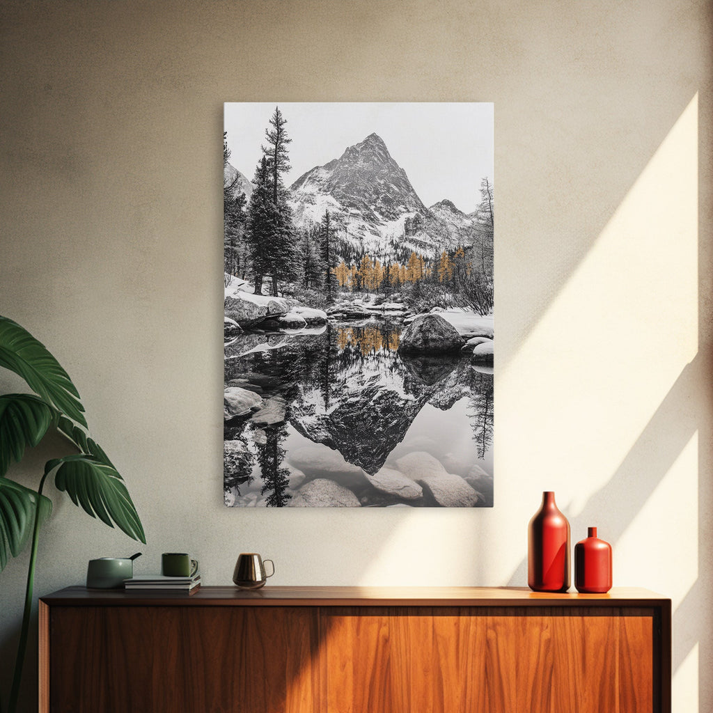 Snow Reflection Forest, Autumn Trees, Serene Mountain River, Framed Canvas Print, Bedroom Wall Art, Peaceful Cabin Scene, Fall Art