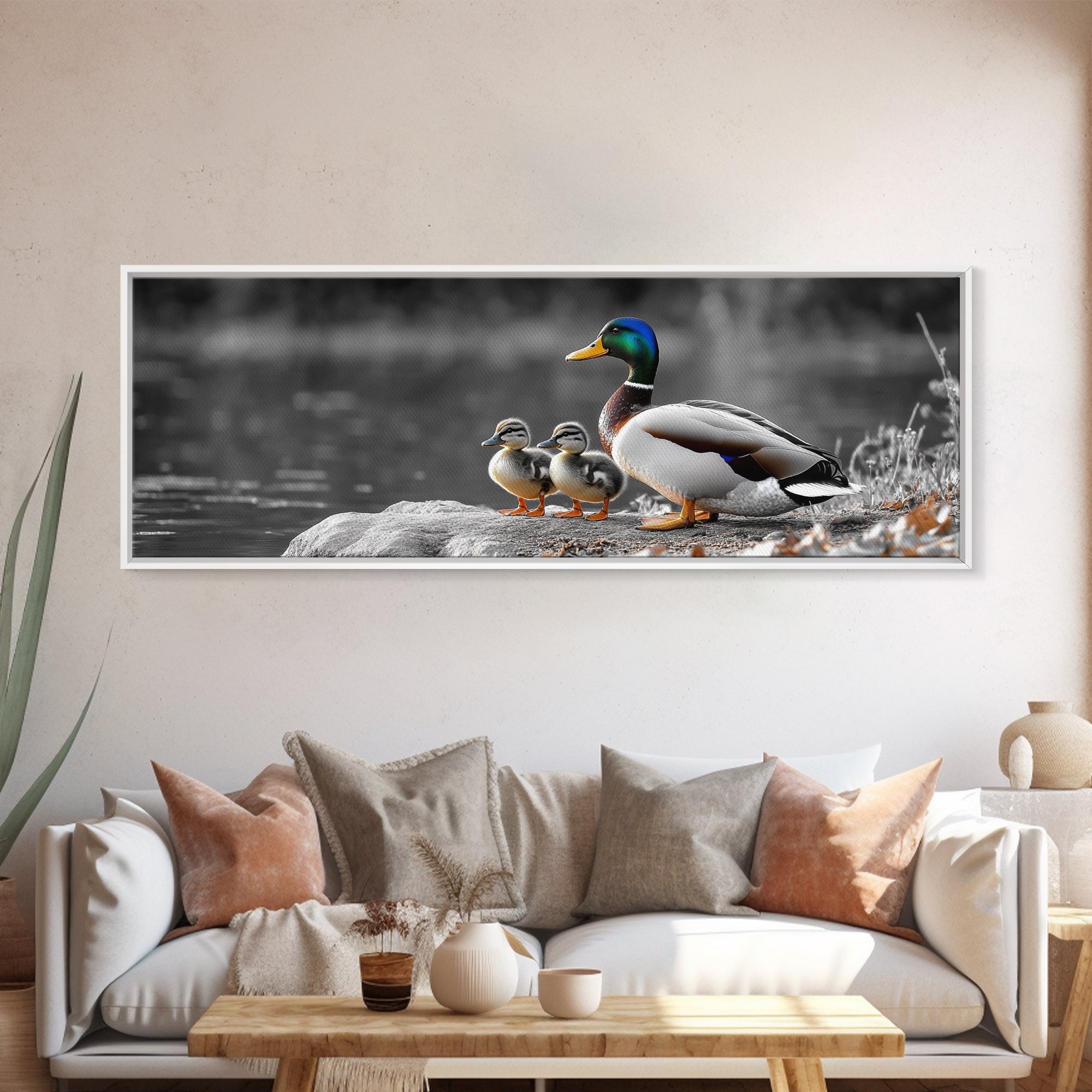 Duck Family, Nature Scene, Wildlife Birds, Lake Reflections, Framed Canvas Print, Nursery Decor, Cozy Art, Nature Lover Gift