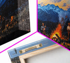 Framed Canvas Print Western Cowboys Campfire Evening Art Landscape Rustic Winter Mountain Home Decor Extra Large Wall Art Gift