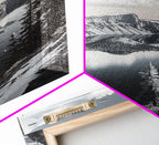 Crater Lake, Snowy Mountains, Scenic Reflection View, Framed Canvas Print, Cabin Wall Art, Winter Landscape Decor, Nature Vibes