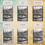 Forest Pond, Moody Woods, Black and White, Autumn Grass, Framed Canvas Print rustic cabin art, nature wall decor, woodland living room art