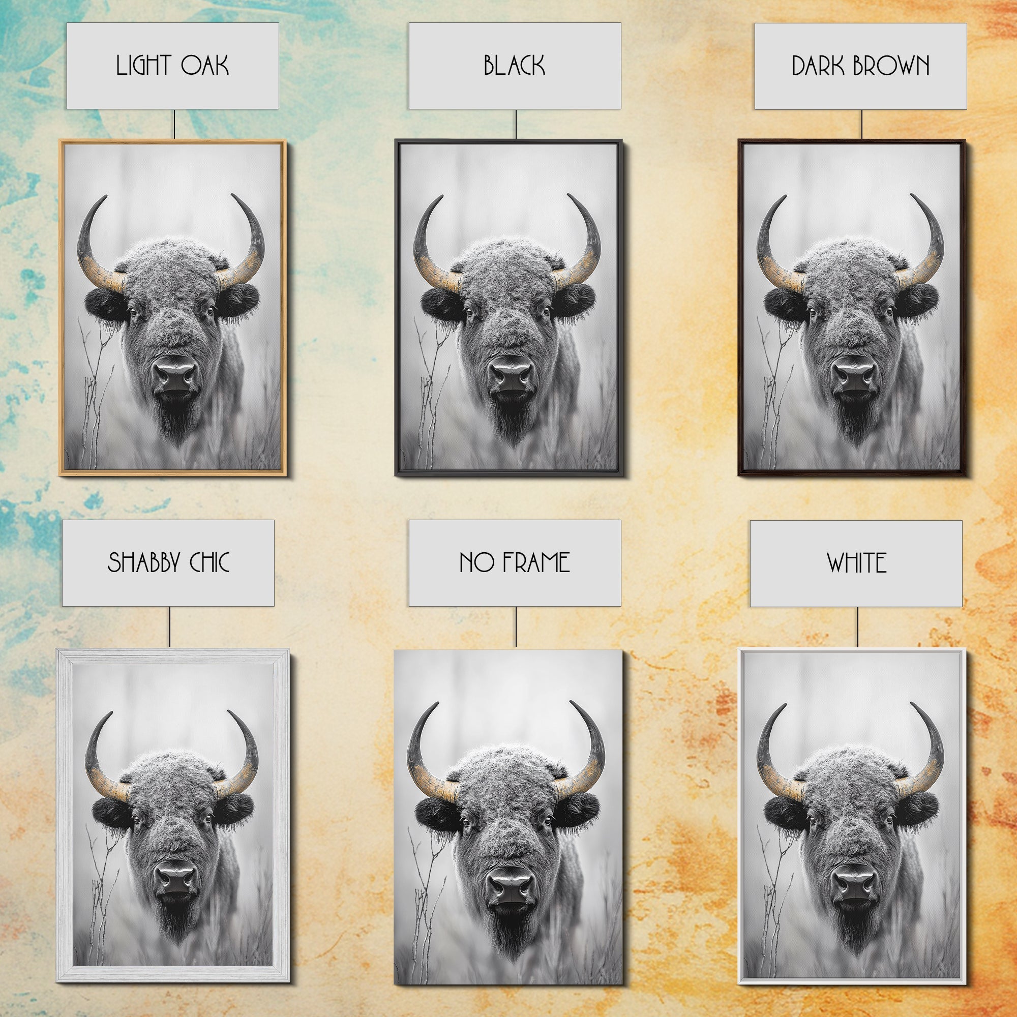Bison, buffalo art, wildlife painting, framed canvas print, rustic decor, western wall art, moody nature, farmhouse animal art, southwest
