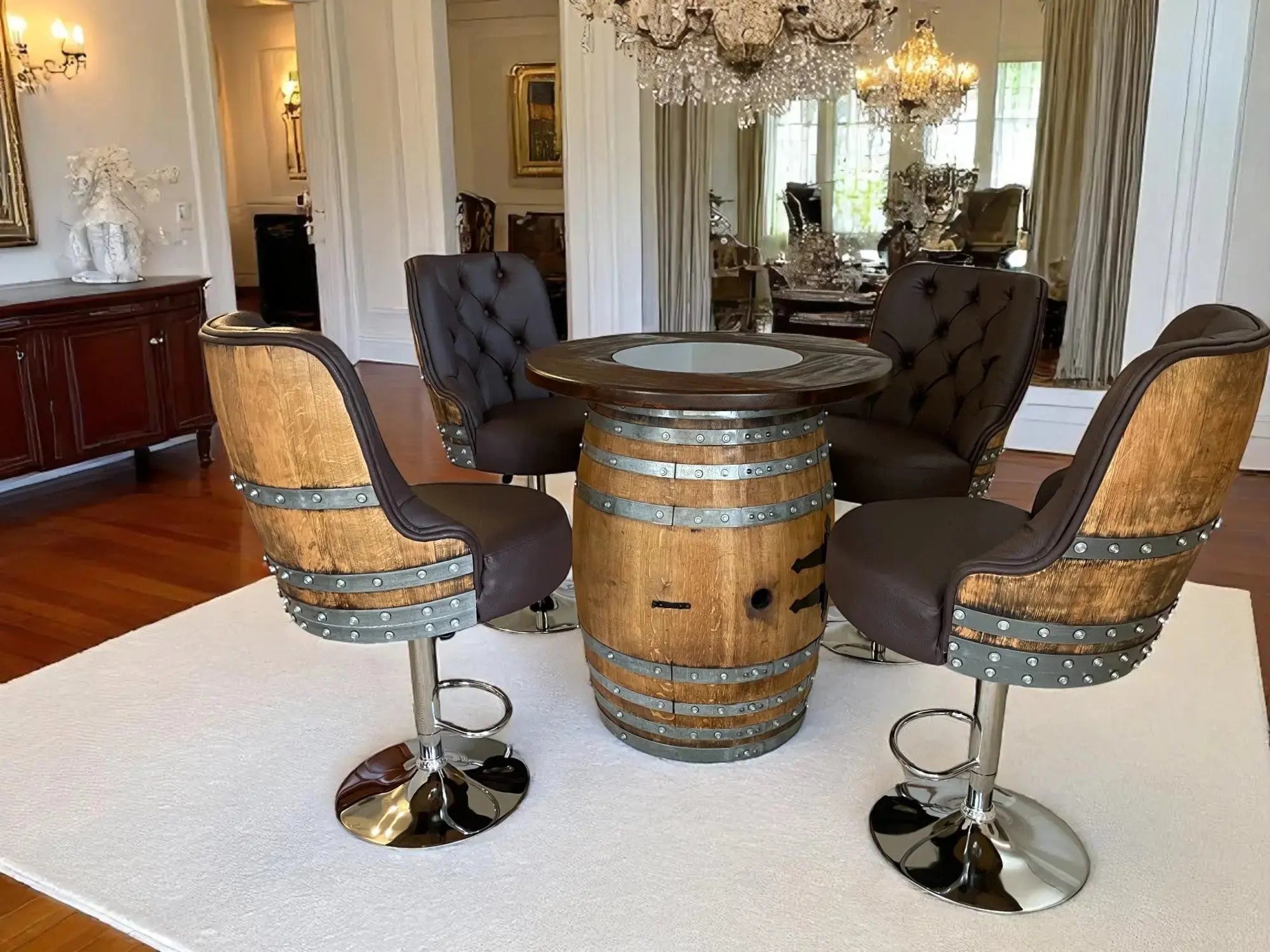 Luxury Oak Barrel Bar Stool - Adjustable Hydraulic Base - Handcrafted Reclaimed Oak Barrel Chair - Pub & Whiskey Barrel Seating - Rustic Home Decor
