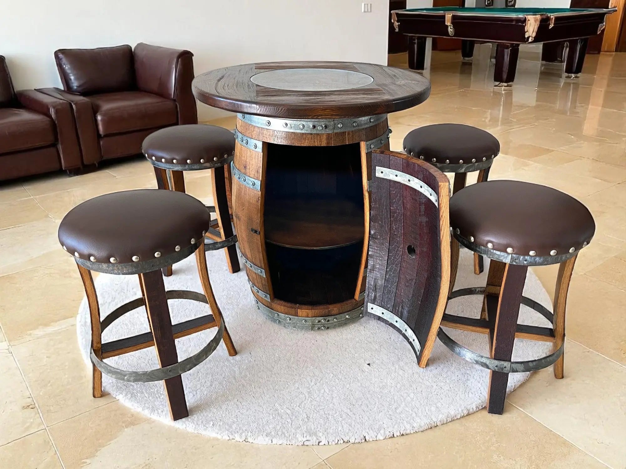Oak Barrel Pub Table Set, Counter Height Wood Glass Top, Cabinet Storage, Bar Stools, Home Bar, Man Cave - Handmade from Family Business
