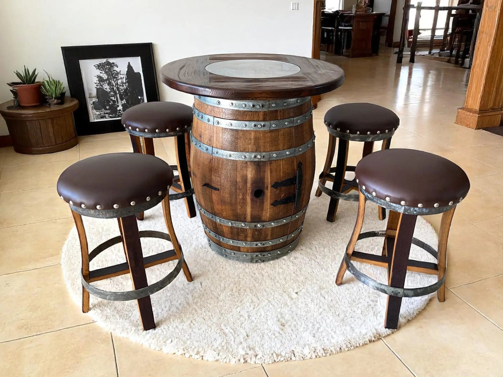 Oak Barrel Pub Table Set, Counter Height Wood Glass Top, Cabinet Storage, Bar Stools, Home Bar, Man Cave - Handmade from Family Business