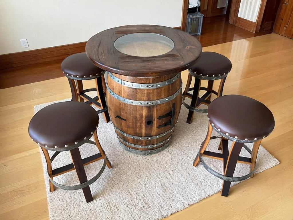 Oak Barrel Pub Table Set, Counter Height Wood Glass Top, Cabinet Storage, Bar Stools, Home Bar, Man Cave - Handmade from Family Business