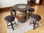 Oak Barrel Pub Table Set, Counter Height Wood Glass Top, Cabinet Storage, Bar Stools, Home Bar, Man Cave - Handmade from Family Business