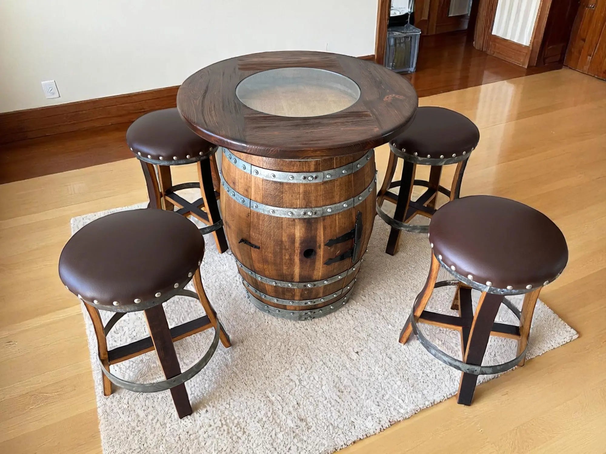 Oak Barrel Pub Table Set, Counter Height Wood Glass Top, Cabinet Storage, Bar Stools, Home Bar, Man Cave - Handmade from Family Business