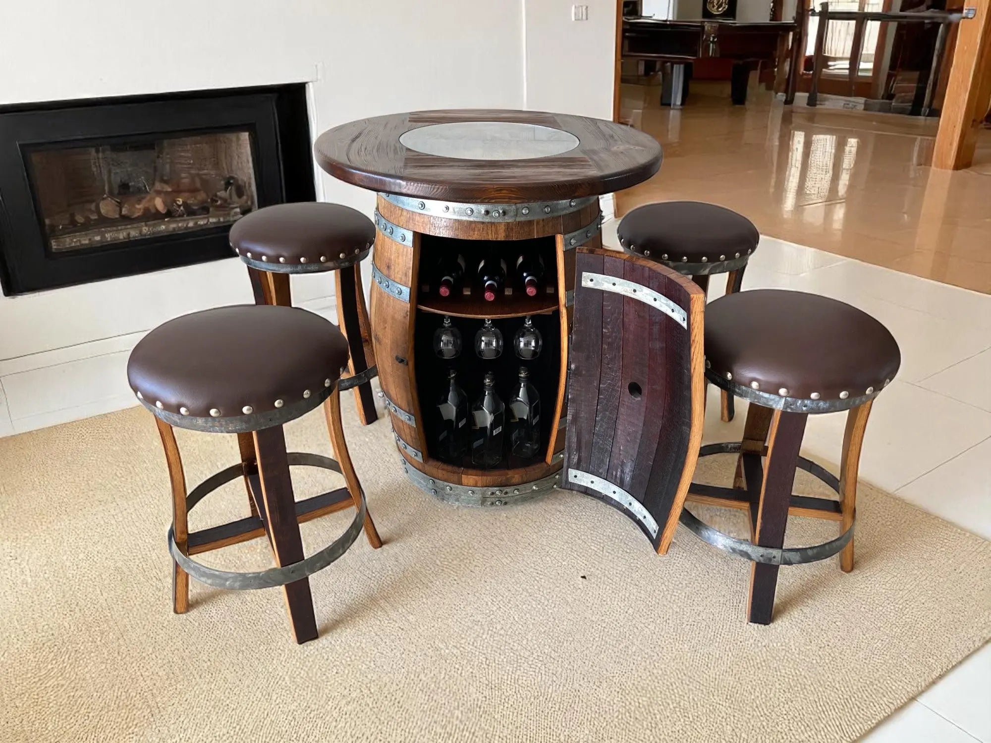 Oak Barrel Pub Table Set, Counter Height Wood Glass Top, Cabinet Storage, Bar Stools, Home Bar, Man Cave - Handmade from Family Business