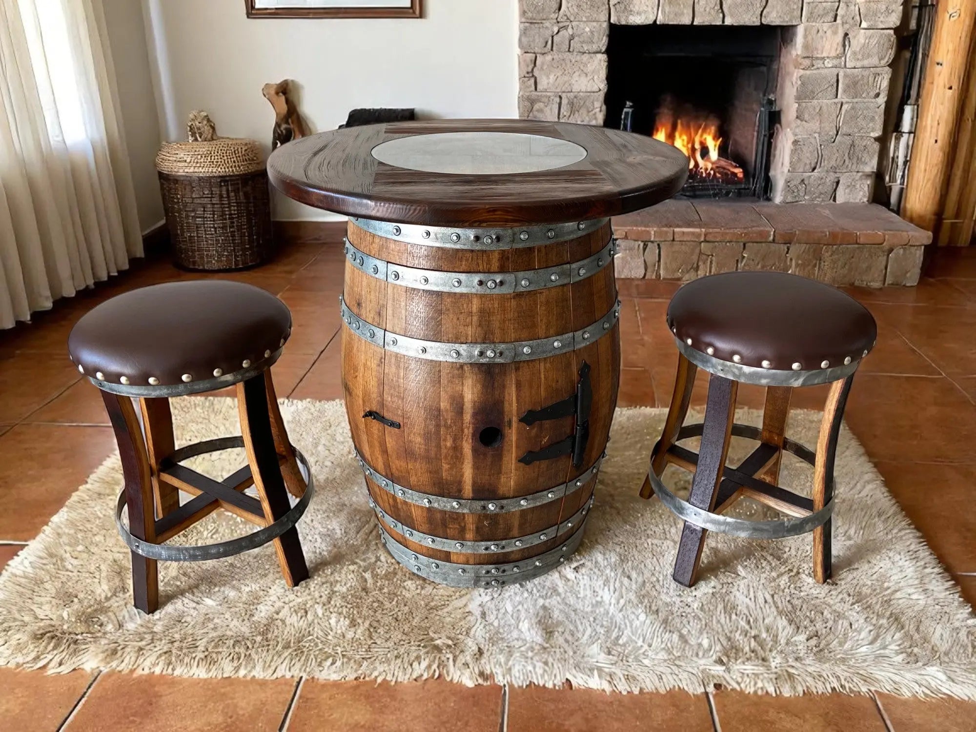 Oak Barrel Pub Table Set, Counter Height Wood Glass Top, Cabinet Storage, Bar Stools, Home Bar, Man Cave - Handmade from Family Business