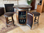 Oak Barrel Pub Table Set, Counter Height Wood Glass Top, Cabinet Storage, Bar Stools, Home Bar, Man Cave - Handmade from Family Business