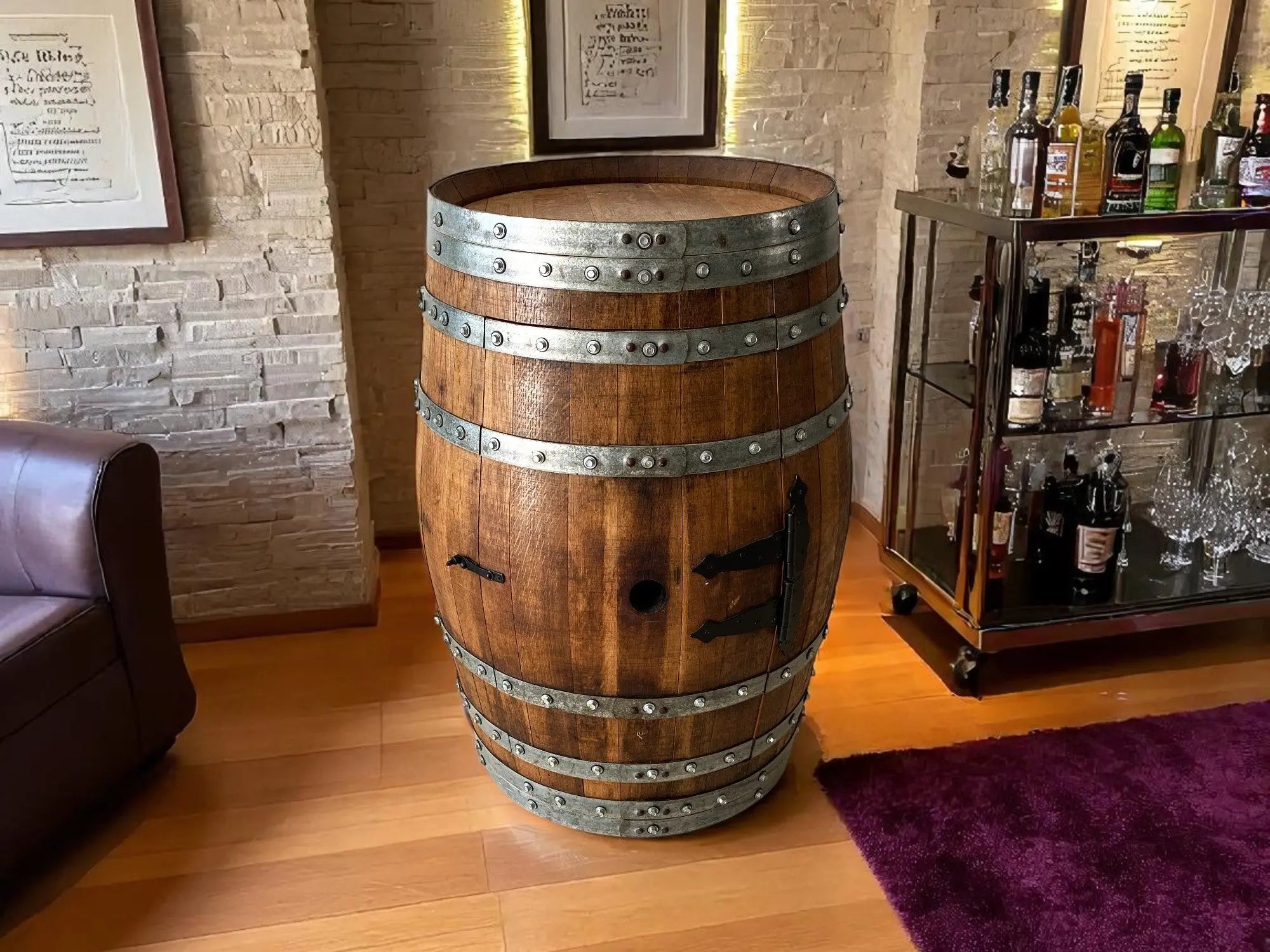 Oak Barrel Pub Table Set, Counter Height Wood Glass Top, Cabinet Storage, Bar Stools, Home Bar, Man Cave - Handmade from Family Business