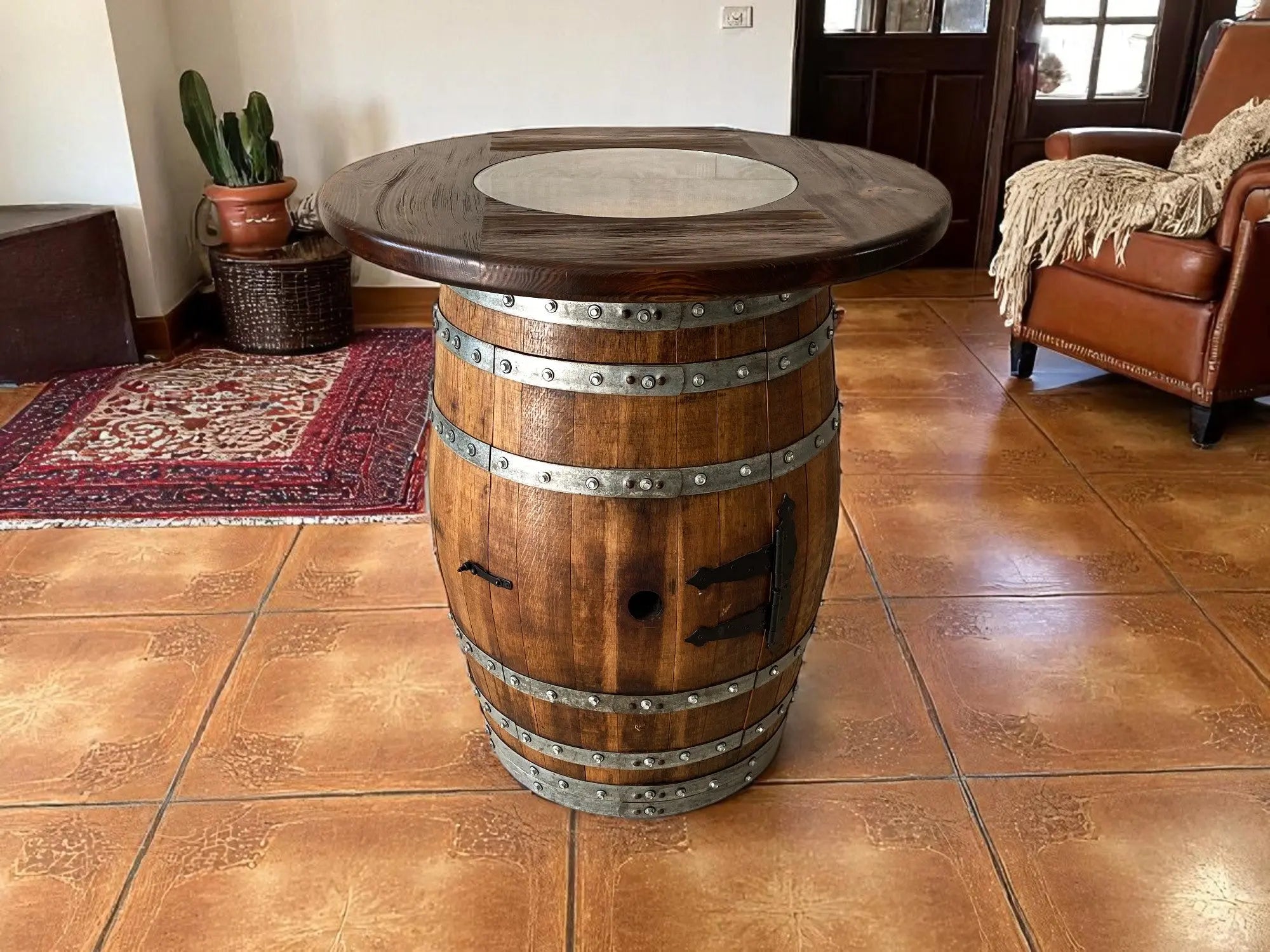 Oak Barrel Pub Table Set, Counter Height Wood Glass Top, Cabinet Storage, Bar Stools, Home Bar, Man Cave - Handmade from Family Business
