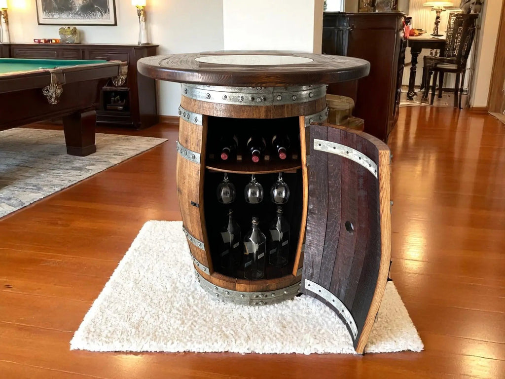 Oak Barrel Pub Table Set, Counter Height Wood Glass Top, Cabinet Storage, Bar Stools, Home Bar, Man Cave - Handmade from Family Business