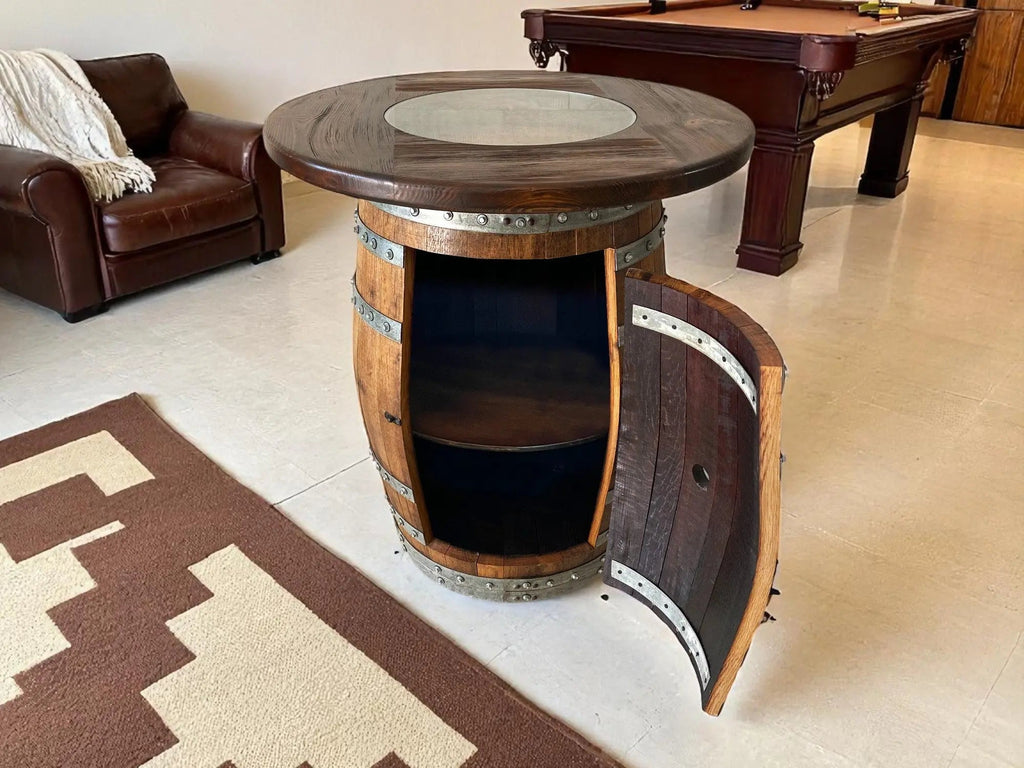 Oak Barrel Pub Table Set, Counter Height Wood Glass Top, Cabinet Storage, Bar Stools, Home Bar, Man Cave - Handmade from Family Business