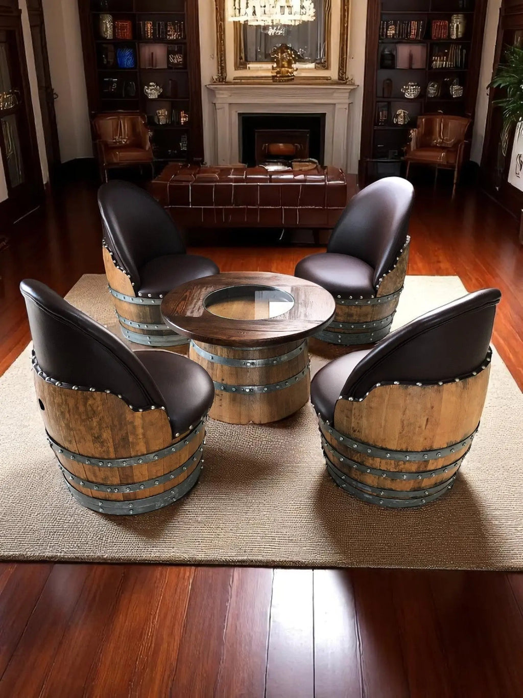 Wine Barrel Full Round Coffee Table Set with 4 Chairs - Rustic Whiskey Barrel Furniture Set - Handmade Solid Oak - Free Shipping